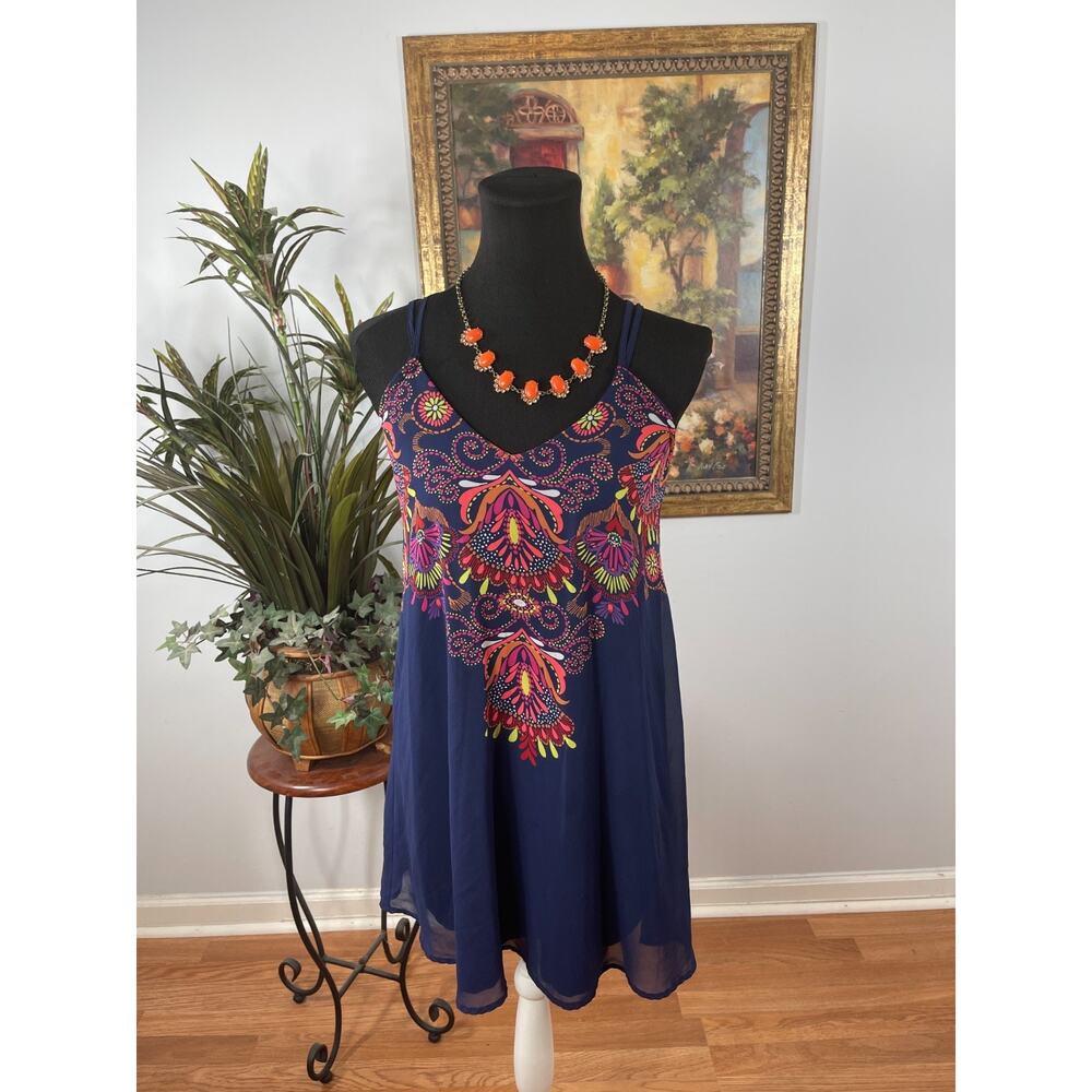 Sequin Hearts Top Blouse Womens‎ S Navy Medallion Print Spaghetti Strap Vibrant